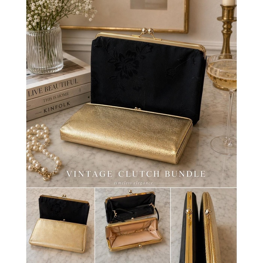 Vintage Evening Clutch Bundle Black Floral Velvet & Gold Metallic Kiss Lock Bag